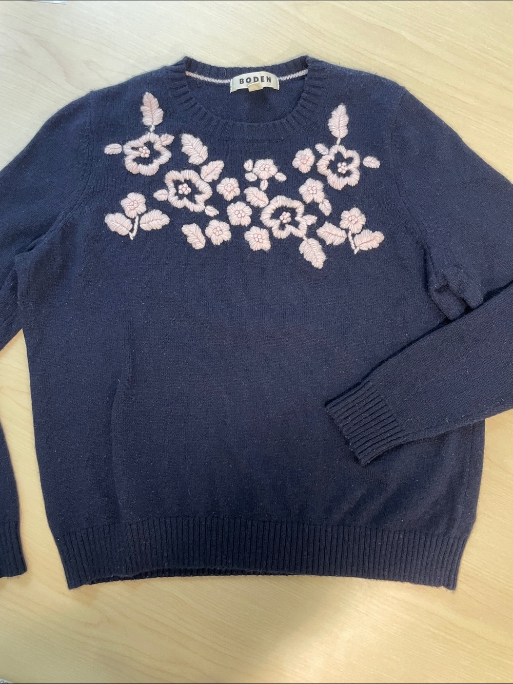 Boden Navy Crewneck Sweater with Pink Floral Appliqué